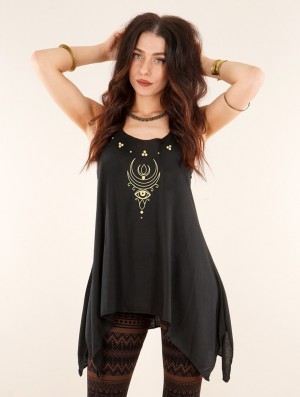 Toonzshop Alruwhani Printed Knotted Sleeveless Tunic Topjes Dames Zwart Goud | 962130-NSL