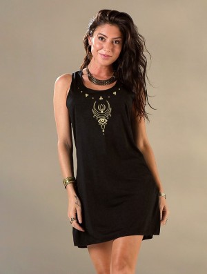 Toonzshop Alruwhani Printed Sleeveless Short Dress Jurk Dames Zwart Goud | 518062-KLX