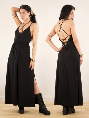 Toonzshop Amulette Lace-up Split Long Dress Jurk Dames Zwart | 312678-JXE