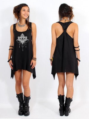Toonzshop Anitaya Printed Knotted Sleeveless Tunic Topjes Dames Zwart Zilver | 890247-KNC