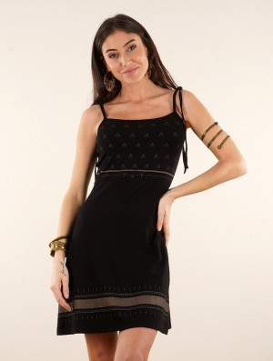 Toonzshop Atkatla Printed Strappy Short Dress Jurk Dames Zwart | 071468-BIO