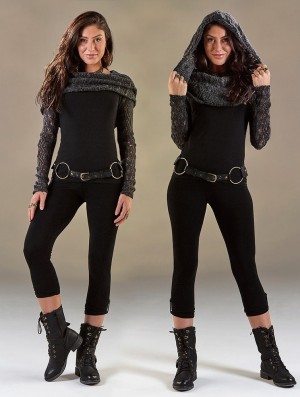 Toonzshop Atmäa Crochet Long Sleeve Top Topjes Dames Zwart Grijs | 136285-BIK