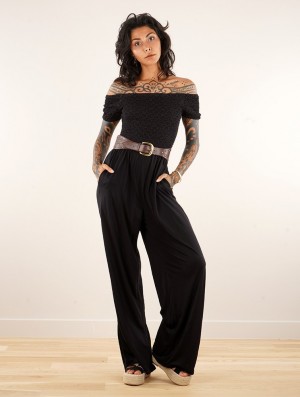 Toonzshop Aulë Dot Seigaiha Printed Short Sleeve Flare Leg Jumpsuit Jumpsuit Dames Zwart | 137564-NGE