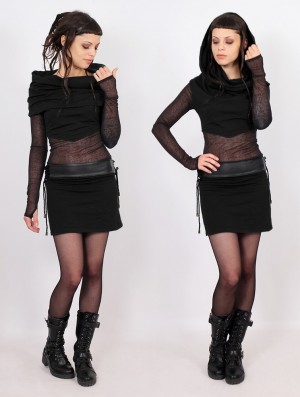 Toonzshop Azmiyäa Transparent Insert Long Sleeve Short Dress Jurk Dames Zwart | 316792-CLM