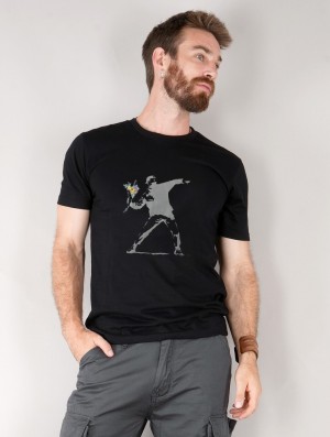 Toonzshop Banksy Hooligan Flowers Printed Short Sleeve T-shirt T-Shirt Heren Zwart | 854067-NQK