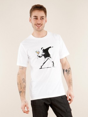 Toonzshop Banksy Hooligan Flowers Printed Short Sleeve T-shirt T-Shirt Heren Wit | 185326-QIW