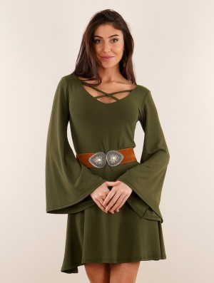 Toonzshop Black Moon Reversible Flared Long Sleeve Dress Jurk Dames Groen | 713028-JEQ