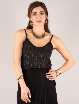 Toonzshop Ciryandil Peafowl Printed Shoulder Strap Top Topjes Dames Zwart | 260579-UMO