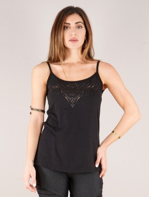 Toonzshop Ciryandil Zohraa Printed Shoulder Strap Top Topjes Dames Zwart | 187425-FBR
