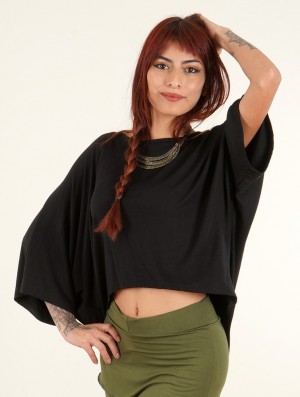 Toonzshop Daedra Bat Wing Sleeve Crop Top Topjes Dames Zwart | 067319-QAH