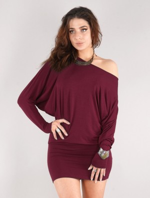 Toonzshop Daedra Short Dress With Bat Wing Sleeve Jurk Dames Wine | 251804-CVJ