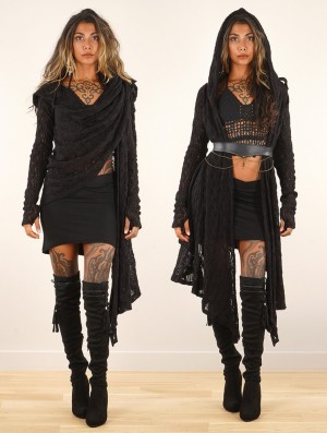 Toonzshop Danaeriz Long Sleeve Hooded Crochet Shawl Cardigan Cardigan Dames Zwart | 873042-NWF