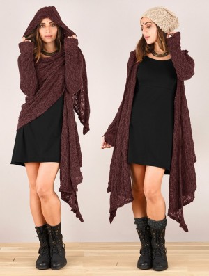 Toonzshop Danaeriz Long Sleeve Hooded Crochet Shawl Cardigan Cardigan Dames Wine | 807452-XMK