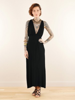 Toonzshop Darayava Long Slit V-neck Dress Jurk Dames Zwart | 685349-ZBV