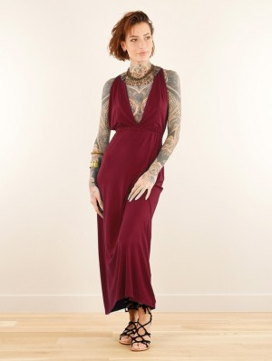 Toonzshop Darayava Long Slit V-neck Dress Jurk Dames Wine | 417289-ZHQ