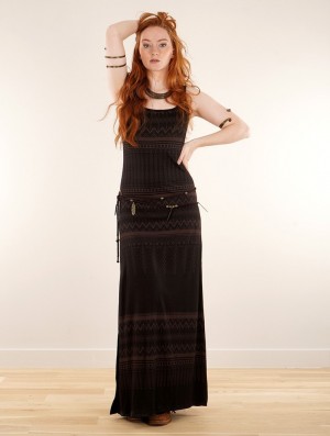 Toonzshop Electra Aztec Printed Long Split Strappy Dress Jurk Dames Zwart | 948517-BGU