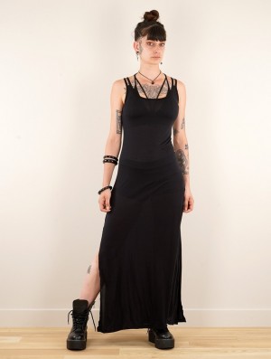 Toonzshop Electra Long Split Strappy Dress Jurk Dames Zwart | 526148-EBT