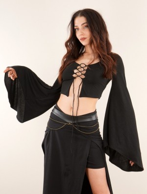 Toonzshop Elfique Flared Long Sleeve Crop Top With Front Lacing Topjes Dames Zwart | 375416-HTD
