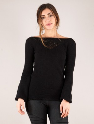 Toonzshop Endaria Open Work Boat Neck Knit Sweater Trui Dames Zwart | 768594-ISC
