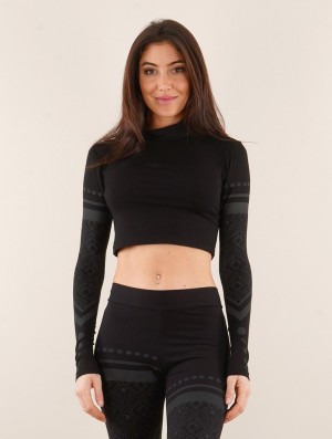 Toonzshop Enea Floral Circuit Long Sleeved Crop Top Topjes Dames Zwart | 829357-HAT