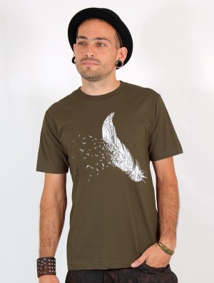 Toonzshop Feather Printed Short Sleeve T-shirt T-Shirt Heren Lichtgroen | 940758-VHI