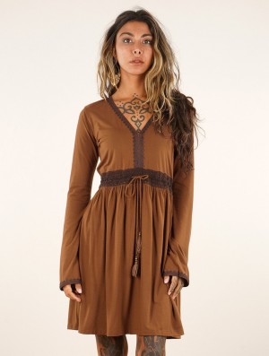 Toonzshop Firiel Long Sleeve Dress With Crochet Detail Jurk Dames Bruin | 192756-QDK