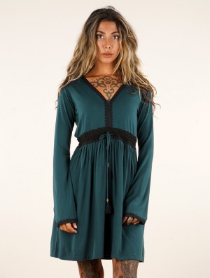 Toonzshop Firiel Long Sleeve Dress With Crochet Detail Jurk Dames Teal | 150926-LBM