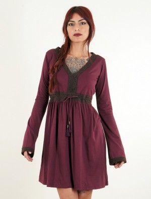 Toonzshop Firiel Long Sleeve Dress With Crochet Detail Jurk Dames Wine | 970124-RJT