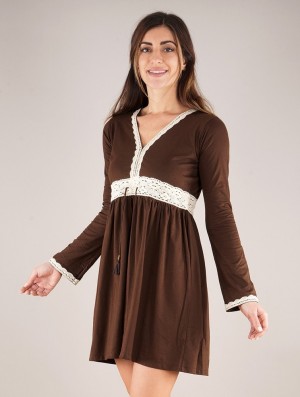Toonzshop Firiel Long Sleeve Dress With Crochet Detail Jurk Dames Donkerbruin | 714238-CYU