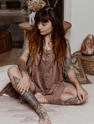 Toonzshop Freyja Printed Knotted Sleeveless Tunic Topjes Dames Bruin Zwart | 371402-KPW