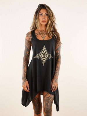 Toonzshop Freyliss Printed Knotted Sleeveless Tunic Topjes Dames Zwart Goud | 064971-QDK