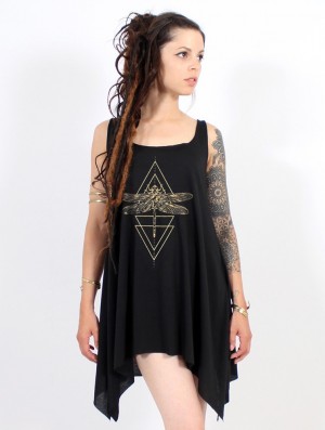 Toonzshop Geometric Dragonfly Printed Knotted Sleeveless Tunic Topjes Dames Zwart Goud | 824065-HZK