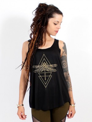 Toonzshop Geometric Dragonfly Printed Tank Top Tanktop Dames Zwart Goud | 812597-VWU