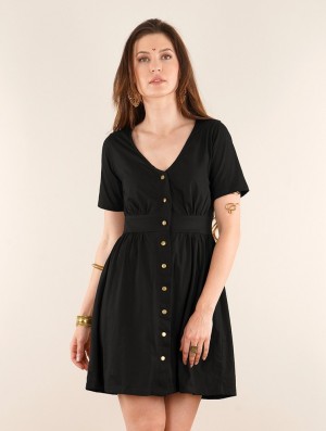 Toonzshop Heldaria Short Sleeve Buttoned Dress Jurk Dames Zwart | 834201-YJK