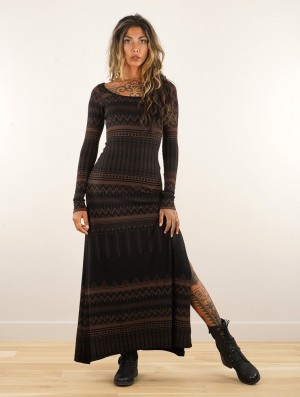 Toonzshop Inanna Aztec Pinted Long Sleeve Long Dress Dress Jurk Dames Zwart | 439152-VUO