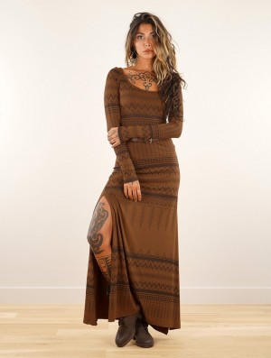 Toonzshop Inanna Aztec Pinted Long Sleeve Long Dress Dress Jurk Dames Goldenbrown | 756308-GVN