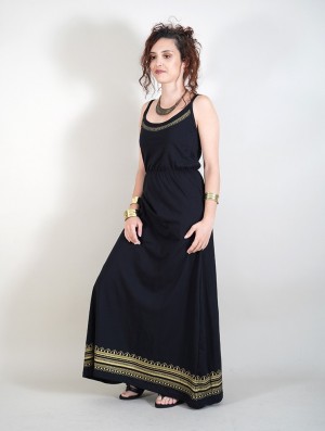 Toonzshop Indie Oromë Printed Strappy Long Dress Jurk Dames Zwart | 205487-SBZ