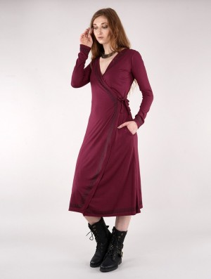 Toonzshop Irwaen Indie 2in1 Cardigan/Long Sleeve Midi Dress Jurk Dames Wine | 924617-KLS