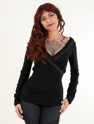 Toonzshop Irwaen Indie Long Sleeve Top Topjes Dames Zwart | 106593-MEK