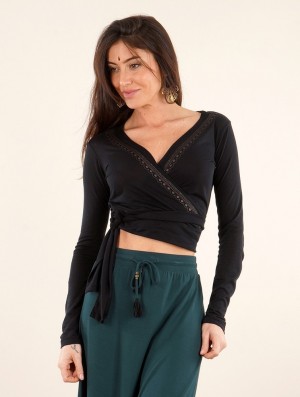 Toonzshop Irwaen Indie Long Sleeved Crop Top Topjes Dames Zwart | 039247-UNB