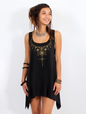 Toonzshop Kyaani Printed Knotted Sleeveless Tunic Topjes Dames Zwart Goud | 123950-DOS