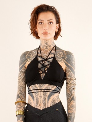Toonzshop Lofi Strappy Crop Top Bra With Lace-up Corset Neckline BH Dames Zwart | 218673-TYN