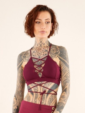 Toonzshop Lofi Strappy Crop Top Bra With Lace-up Corset Neckline BH Dames Wine | 971360-PFG