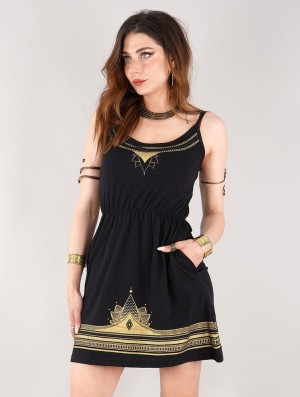 Toonzshop Lotus Oromë Printed Strappy Short Dress Jurk Dames Zwart | 346178-AUI