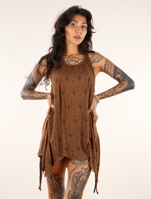 Toonzshop Luinil Peafowl Printed Flared Tank Tunic Topjes Dames Caramel | 582160-RKB