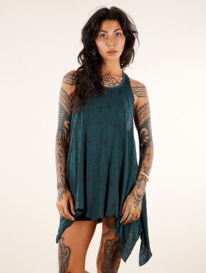 Toonzshop Luinil Peafowl Printed Flared Tank Tunic Topjes Dames Blauw | 783610-JDN