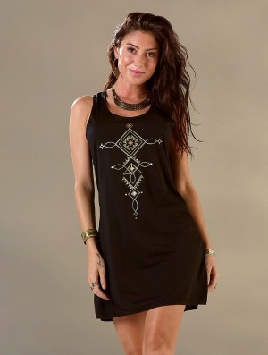 Toonzshop Luunja Printed Sleeveless Short Dress Jurk Dames Zwart Goud | 910283-VCU