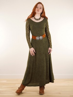 Toonzshop Melisandre Crochet Long Sleeve Long Sweater Dress Jurk Dames Olijfgroen Groen | 786542-FIU