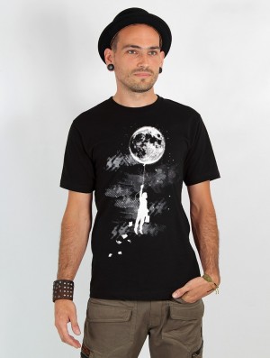 Toonzshop Moon Balloon Printed Short Sleeve T-shirt T-Shirt Heren Zwart | 103782-WEX