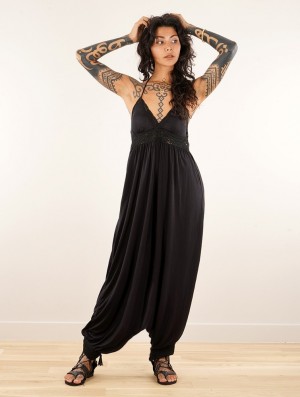 Toonzshop Nolofinwe Strappy Bare Back Long Dress And Harem Pant Overalls Jurk Dames Zwart | 619530-BUZ